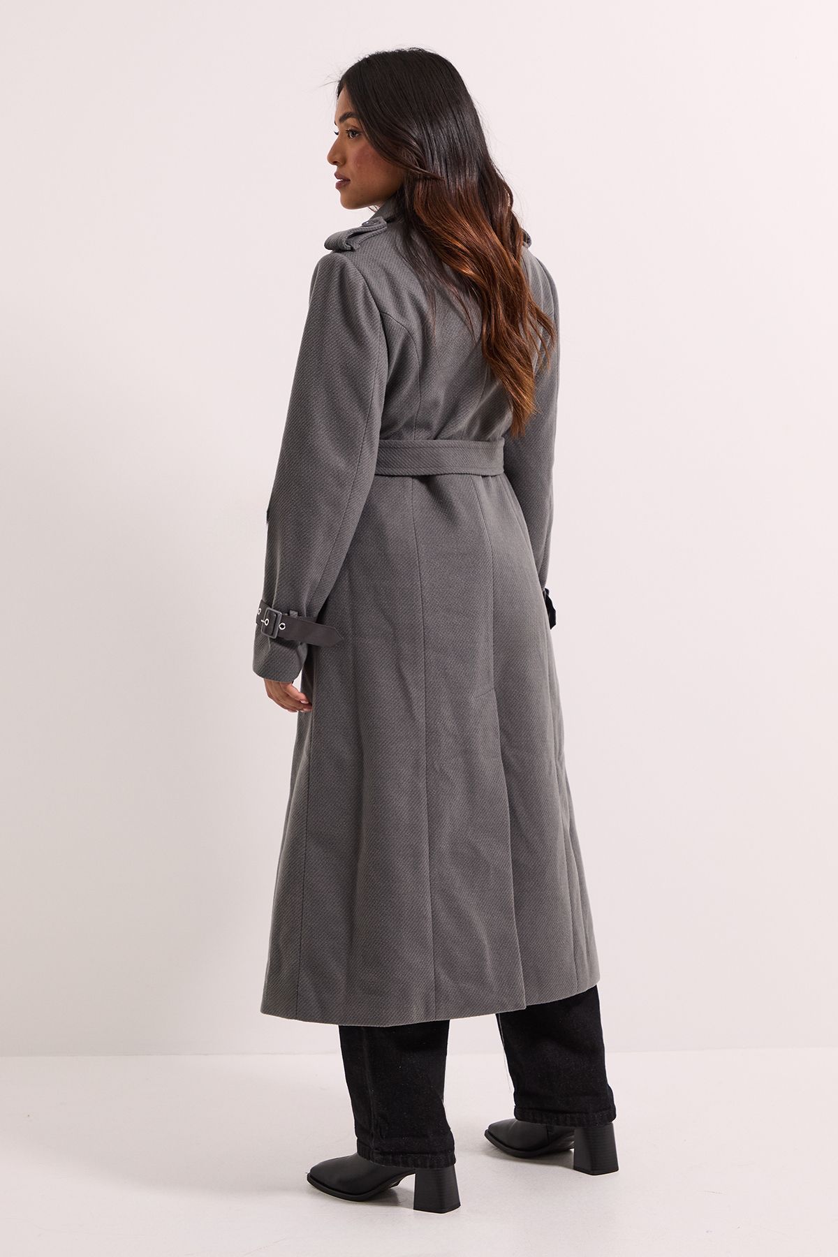 Dorothy Perkins Petite Cuff Detail Buttoned Longline Coat Grey image 3