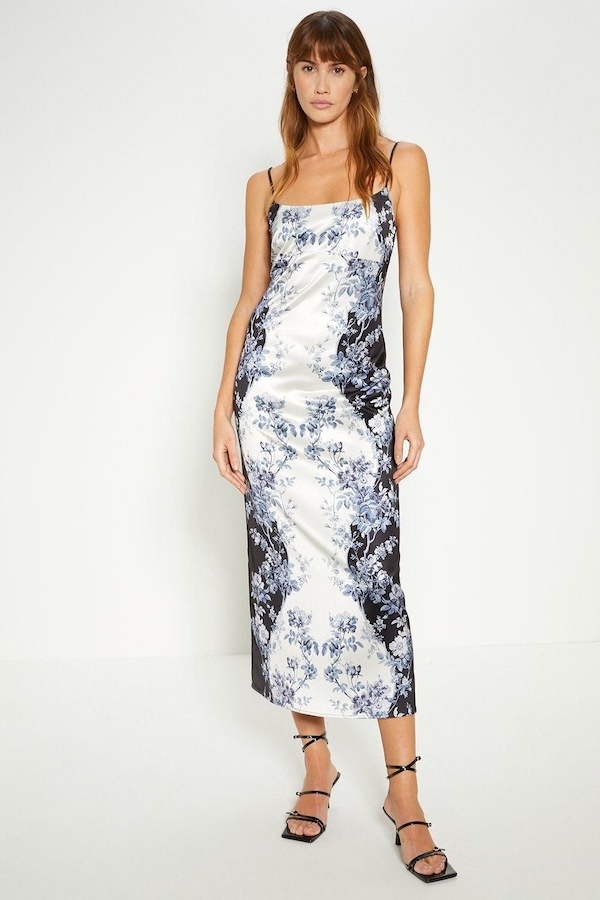 Oasis Mono Floral Empire Seam Strappy Satin Slip Dress Blackwhite