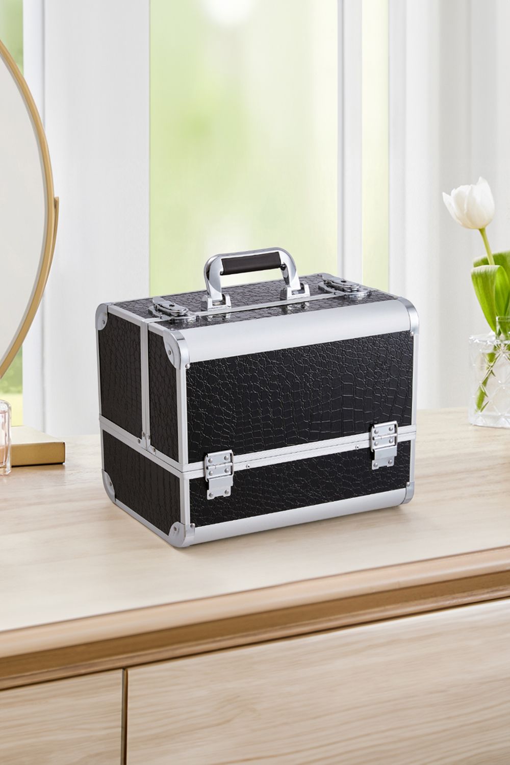 SHEONLY Black Makeup Box Professional Cosmetic Organizer Aluminum Storage Box with 6 Trays image 1