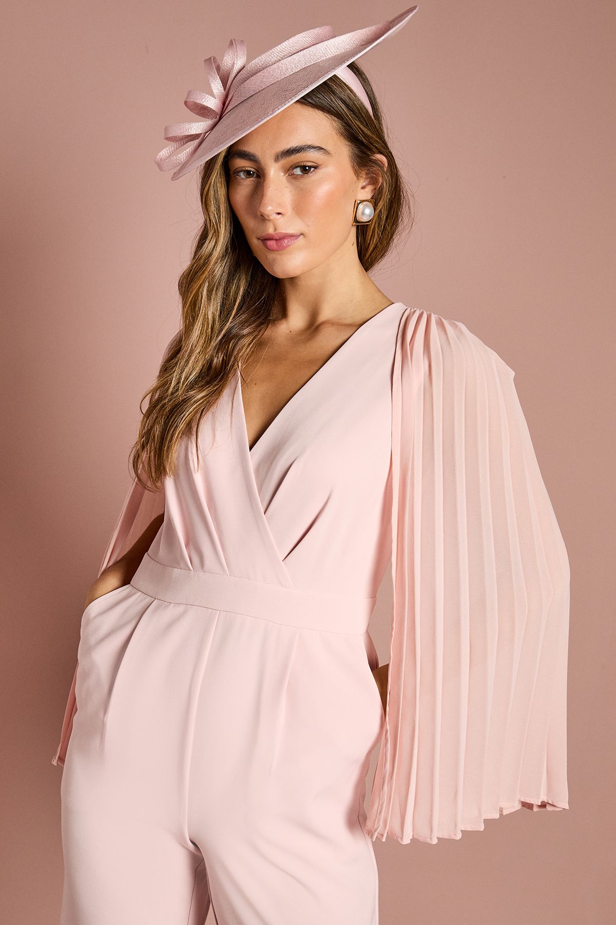 Coast V Neck Pleated Long Sleeve Jumpsuit Blush image 2