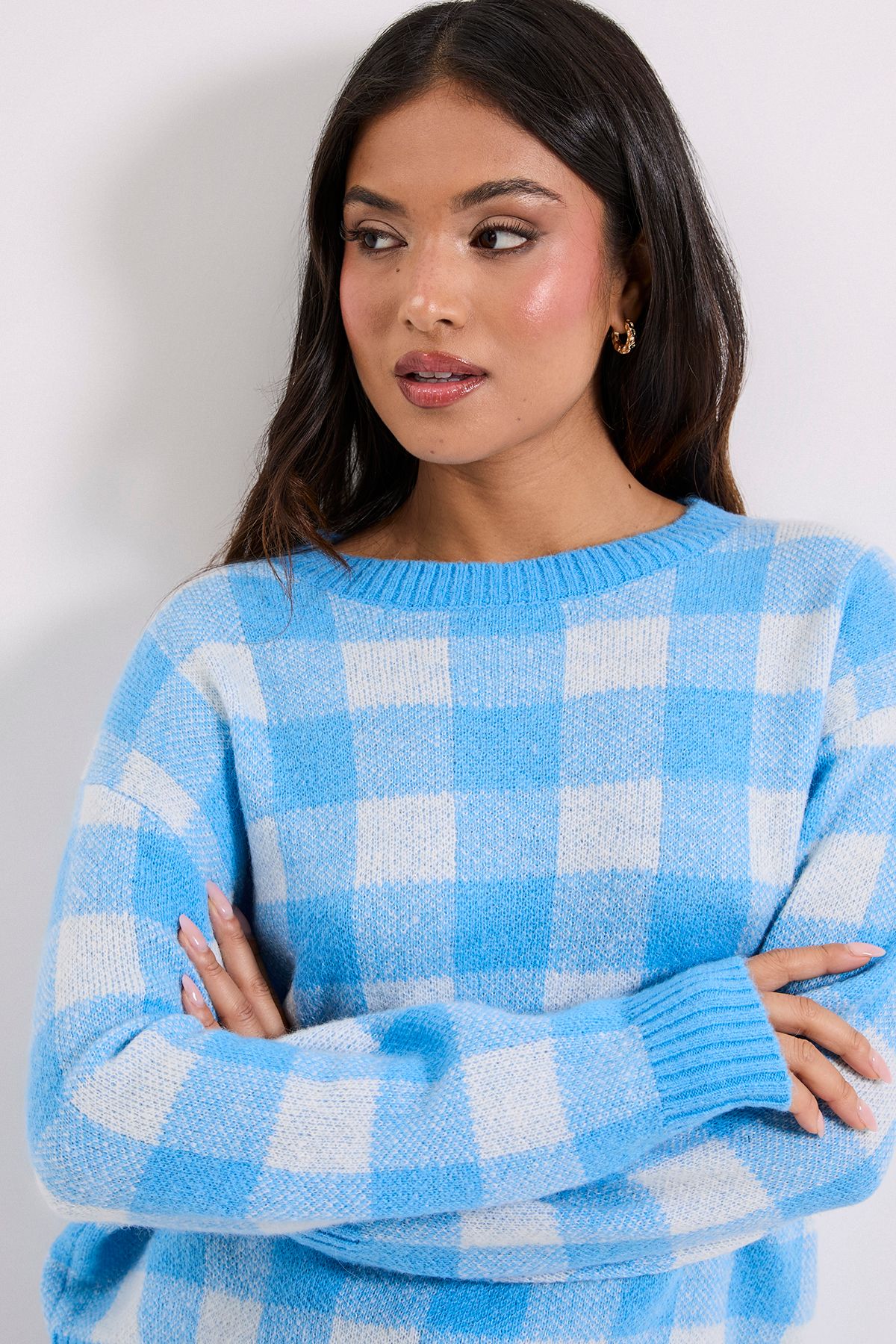 Dorothy Perkins Petite Check Crew Neck Jumper Light Blue image 4