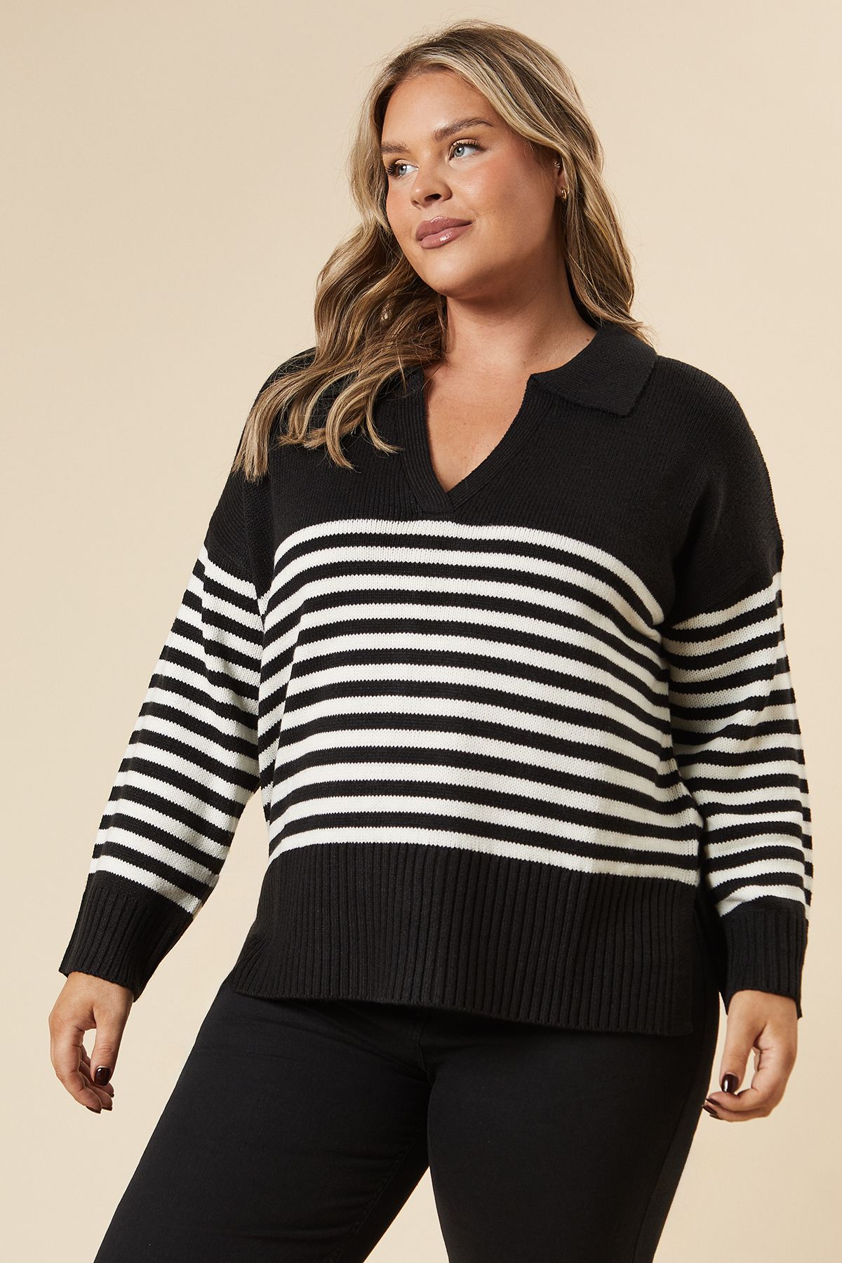 Dorothy Perkins Curve Striped Collared Jumper Black image 1