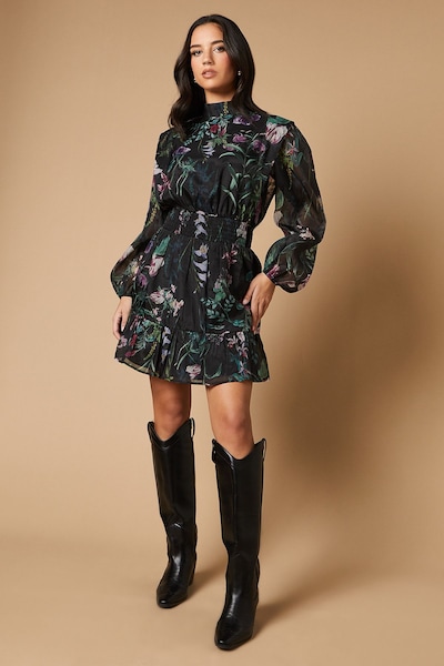 Oasis Border Print Organza Shirred Waist Tie Back Mini Dress Black