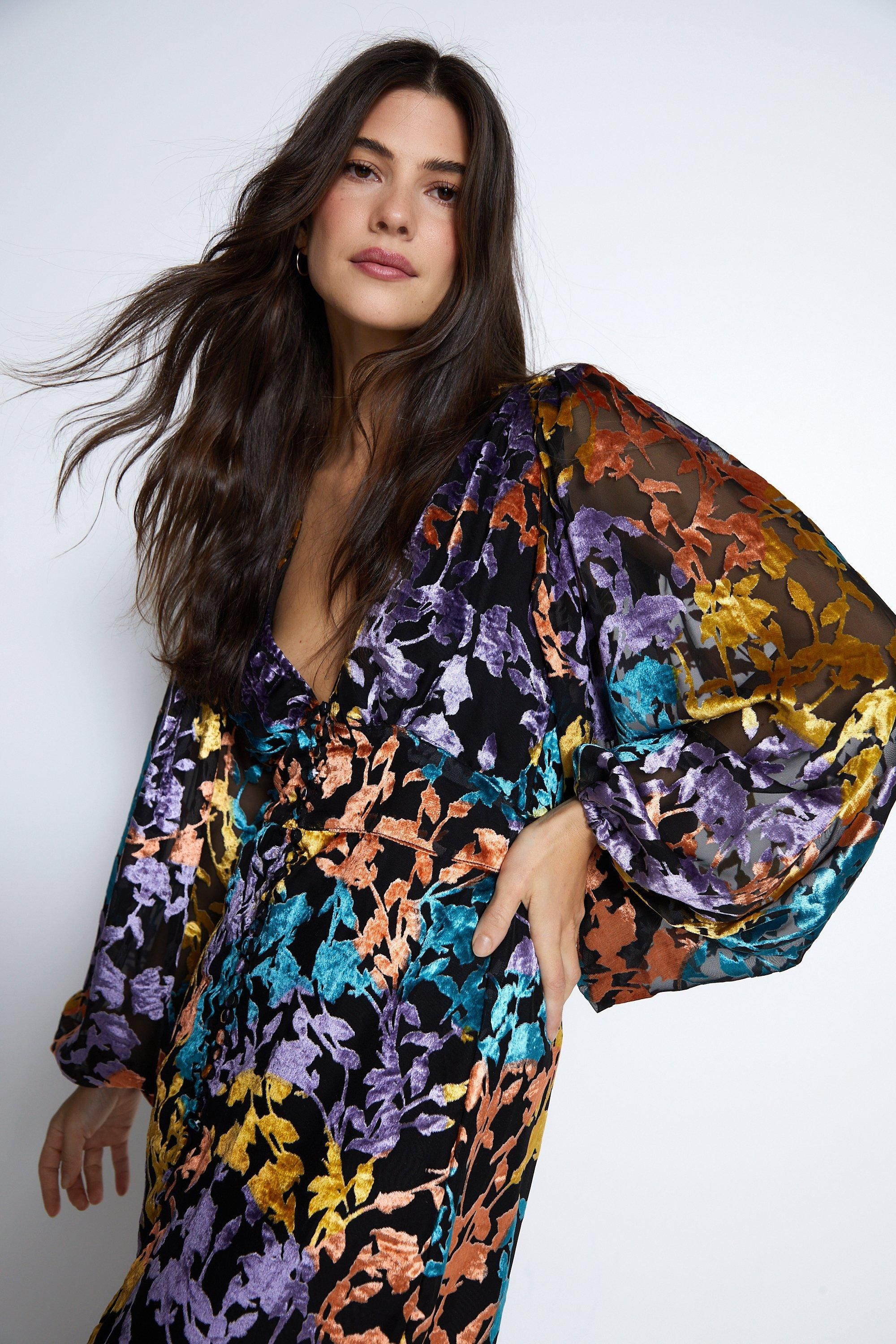 Warehouse Floral Devore Button Through Midi Dress Black image 3