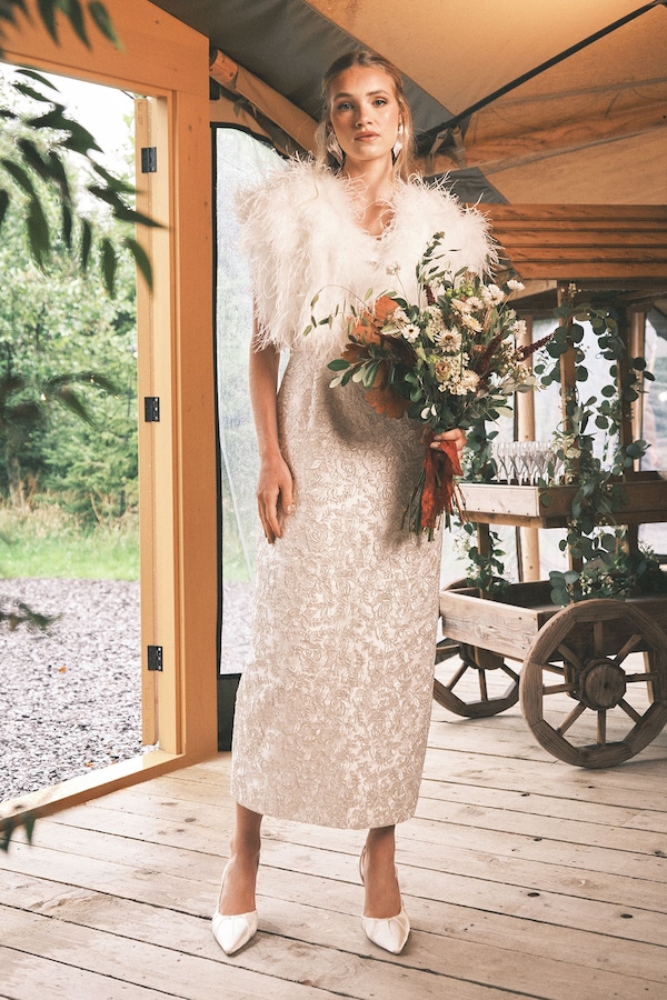 Coast Ornate Lace and Twill Column Maxi Wedding Dress Ivory