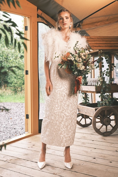 Coast Ornate Lace and Twill Column Maxi Wedding Dress Ivory