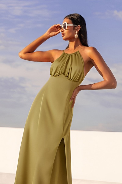MissPap Halter Neck Split Hem Maxi Dress Green