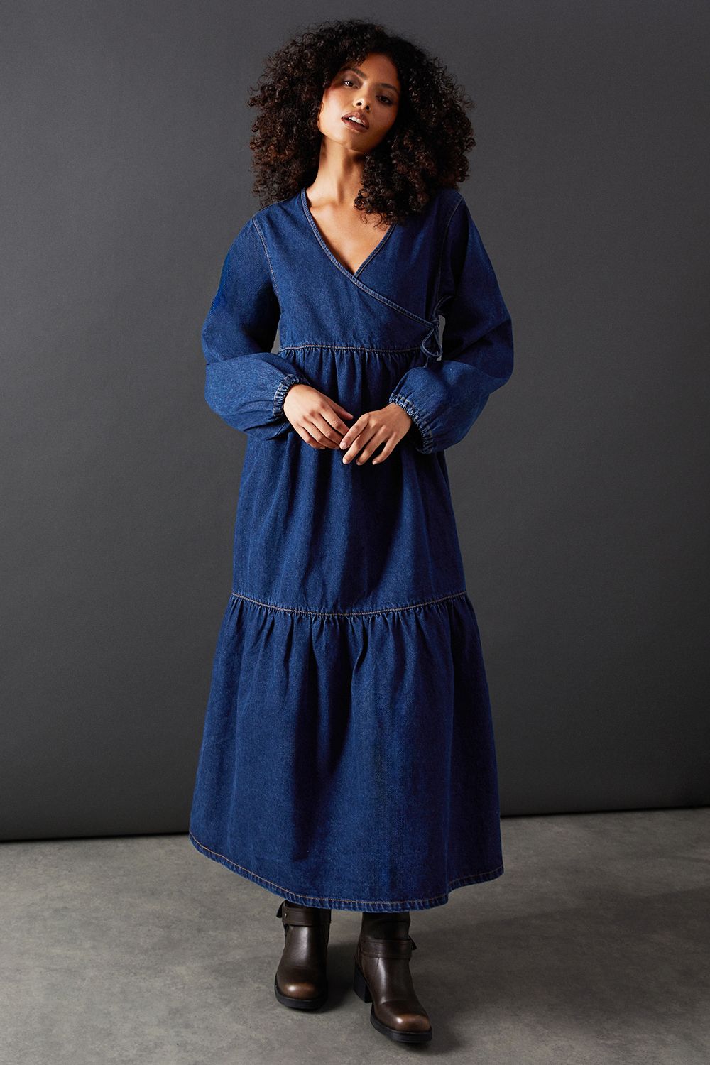 Warehouse Denim Wrap Midi Smock Dress Dark Wash image 2