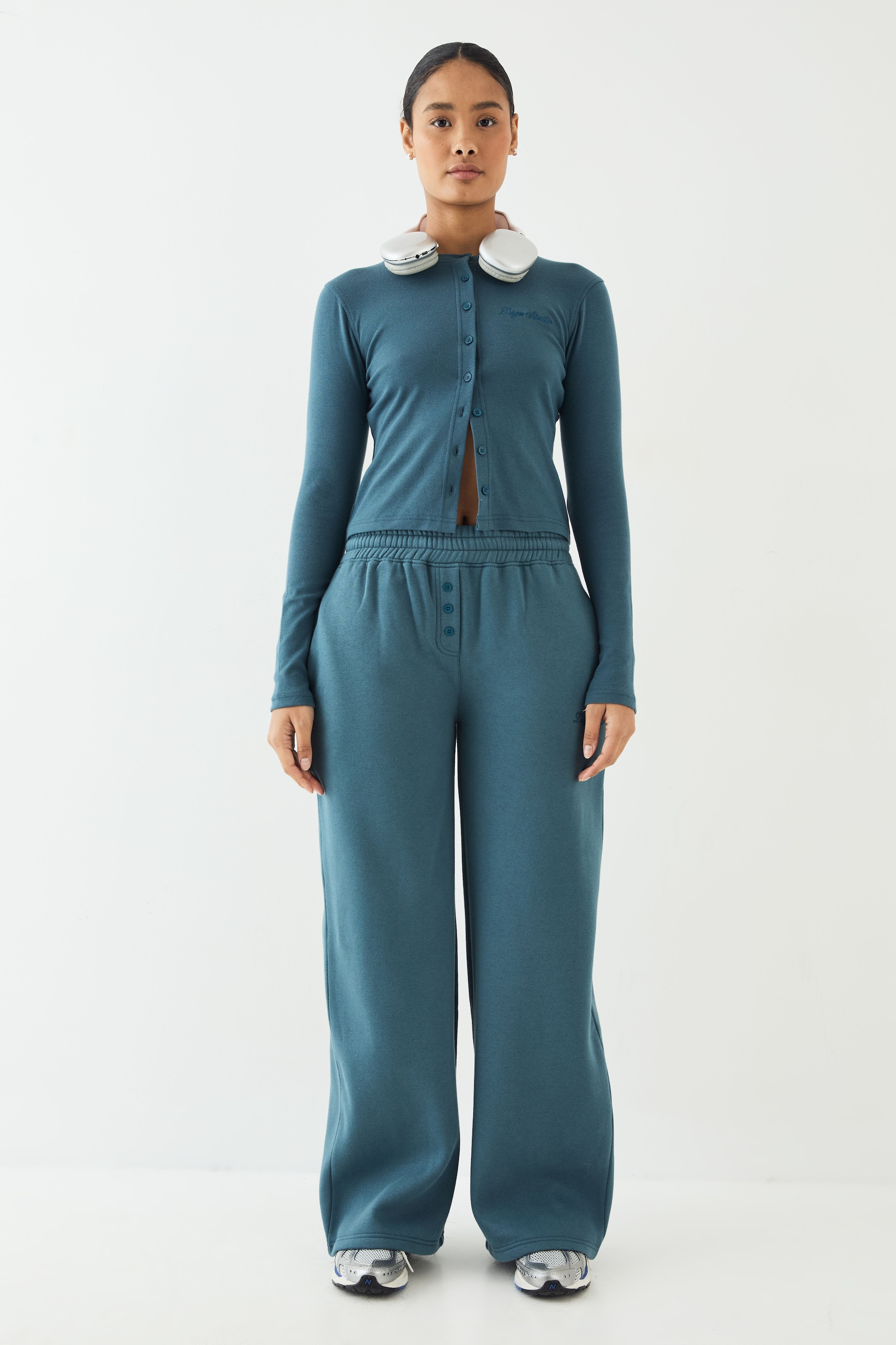 DSGN Studio DSGN Studio Ribbed Script Embroidery  Button Through Long Sleeve Top Teal image 5