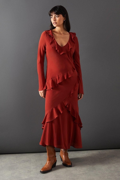 Warehouse Chiffon Ruffle Seam V Neck Midi Dress Rust