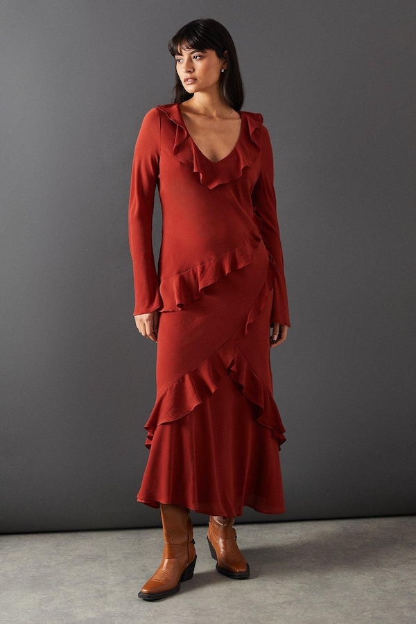 Warehouse Chiffon Ruffle Seam V Neck Midi Dress Rust