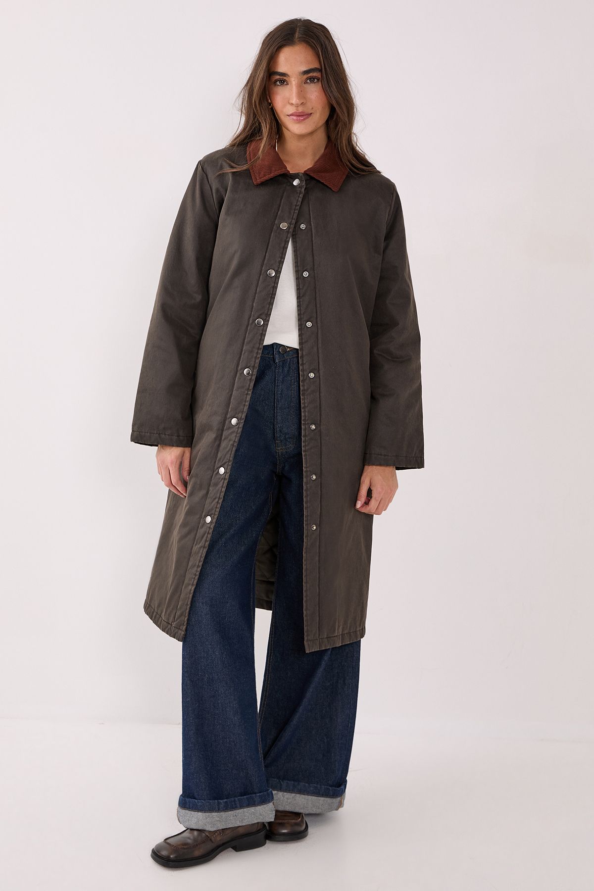 NastyGal Longline Cord Collar Wax Effect Coat Brown