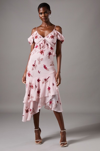 Coast Sequin Embellished Off Shoulder Midi Wedding Guest Dress Pale Pink