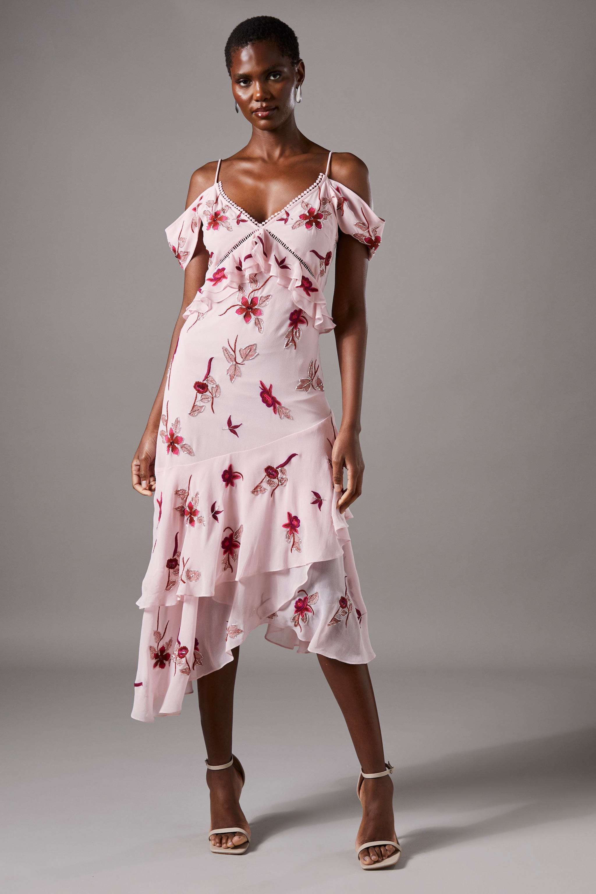 Coast Sequin Embellished Off Shoulder Midi Wedding Guest Dress Pale Pink image 1