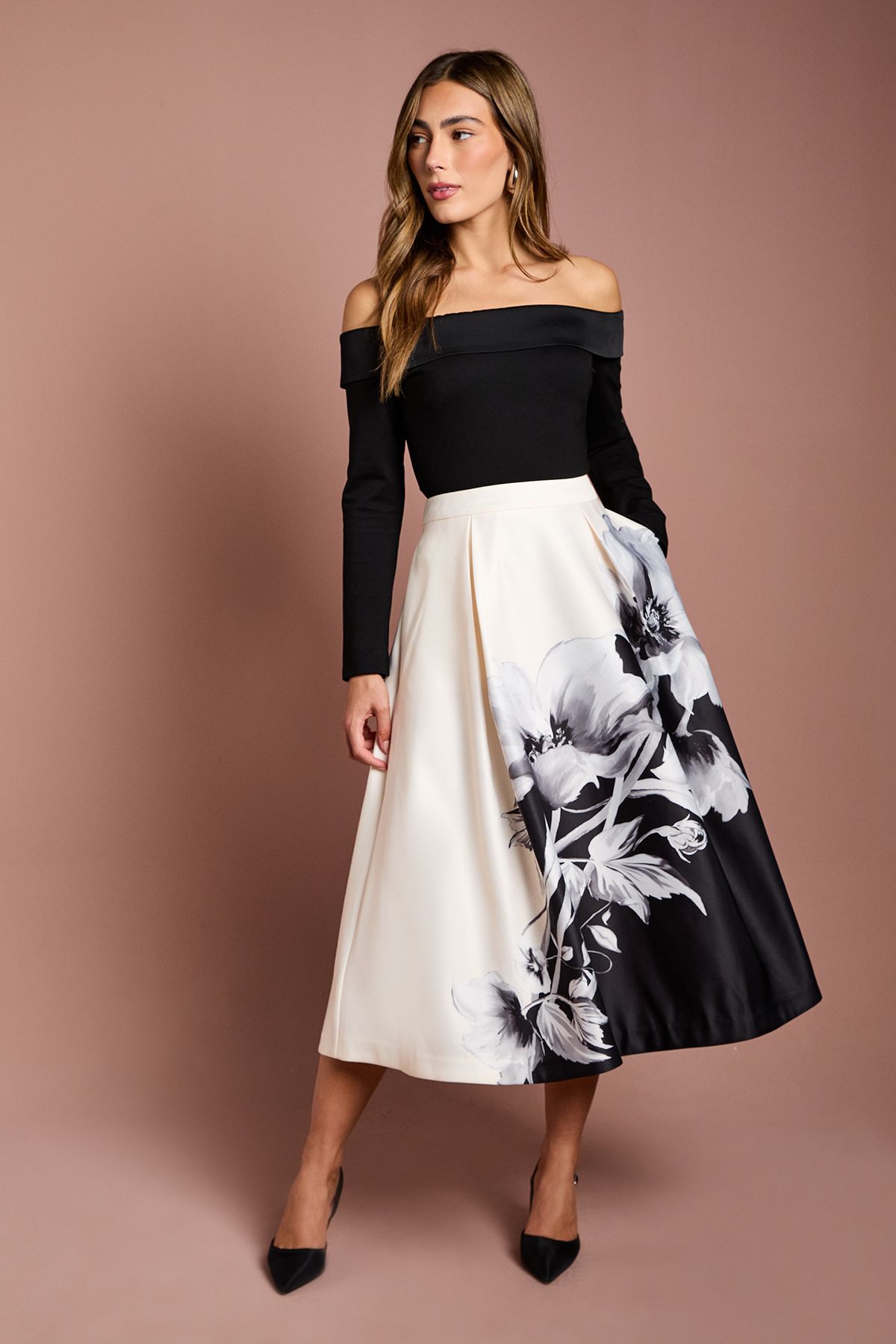 Coast Long Sleeve Satin Trim Bardot Top Black image 2