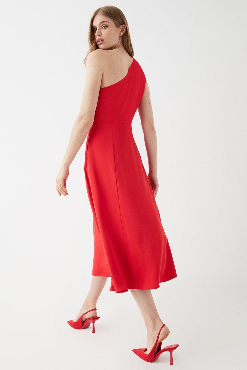 Coast One Shoulder Drape Front Flowing Skirt Midi Dress Red image 3