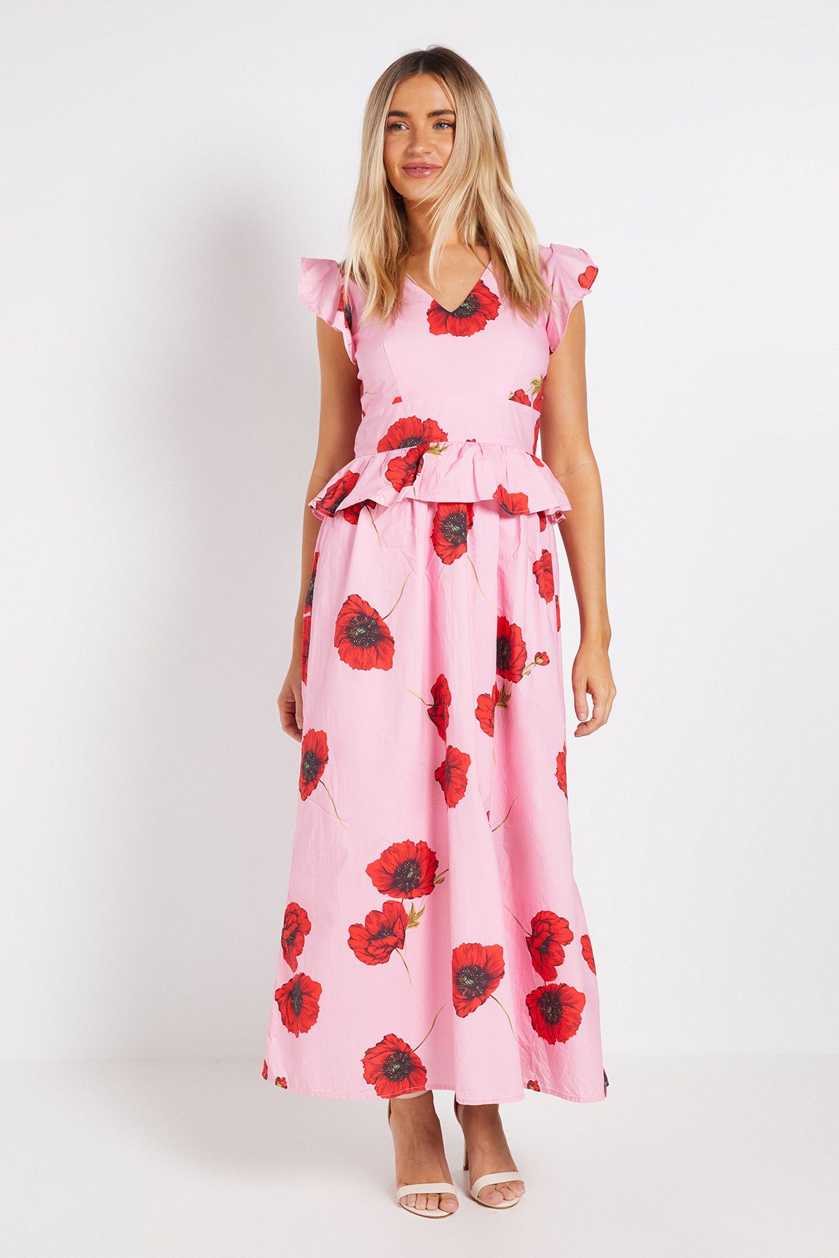 Dorothy Perkins DP Luxe Peplum Frill Detail V Neck Printed Maxi Dress Poppy