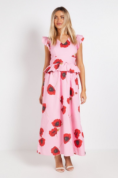 Dorothy Perkins DP Luxe Peplum Frill Detail V Neck Printed Maxi Dress Poppy