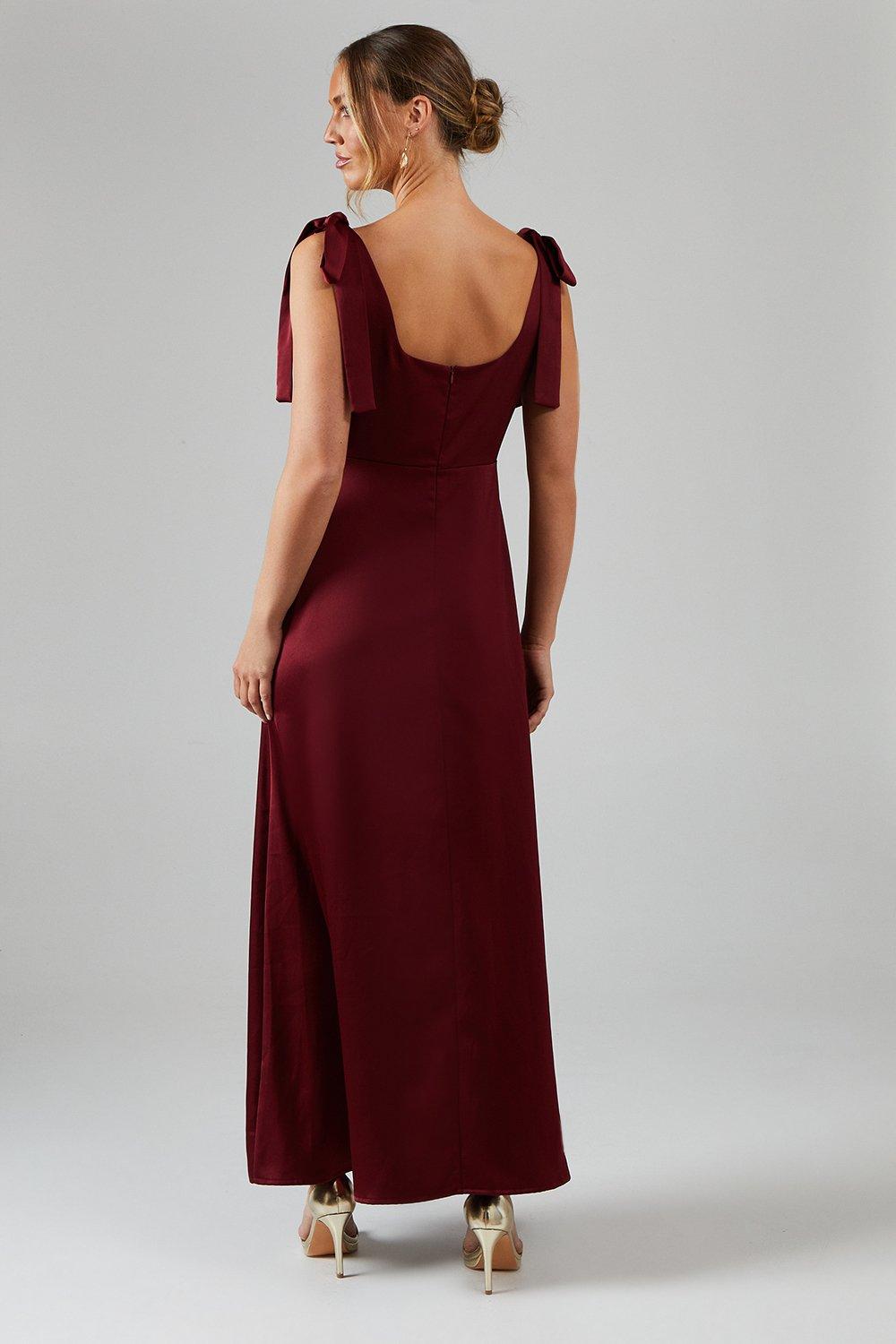 Oasis Satin Tie Shoulder Midi Bridesmaids Dress Wine image 3