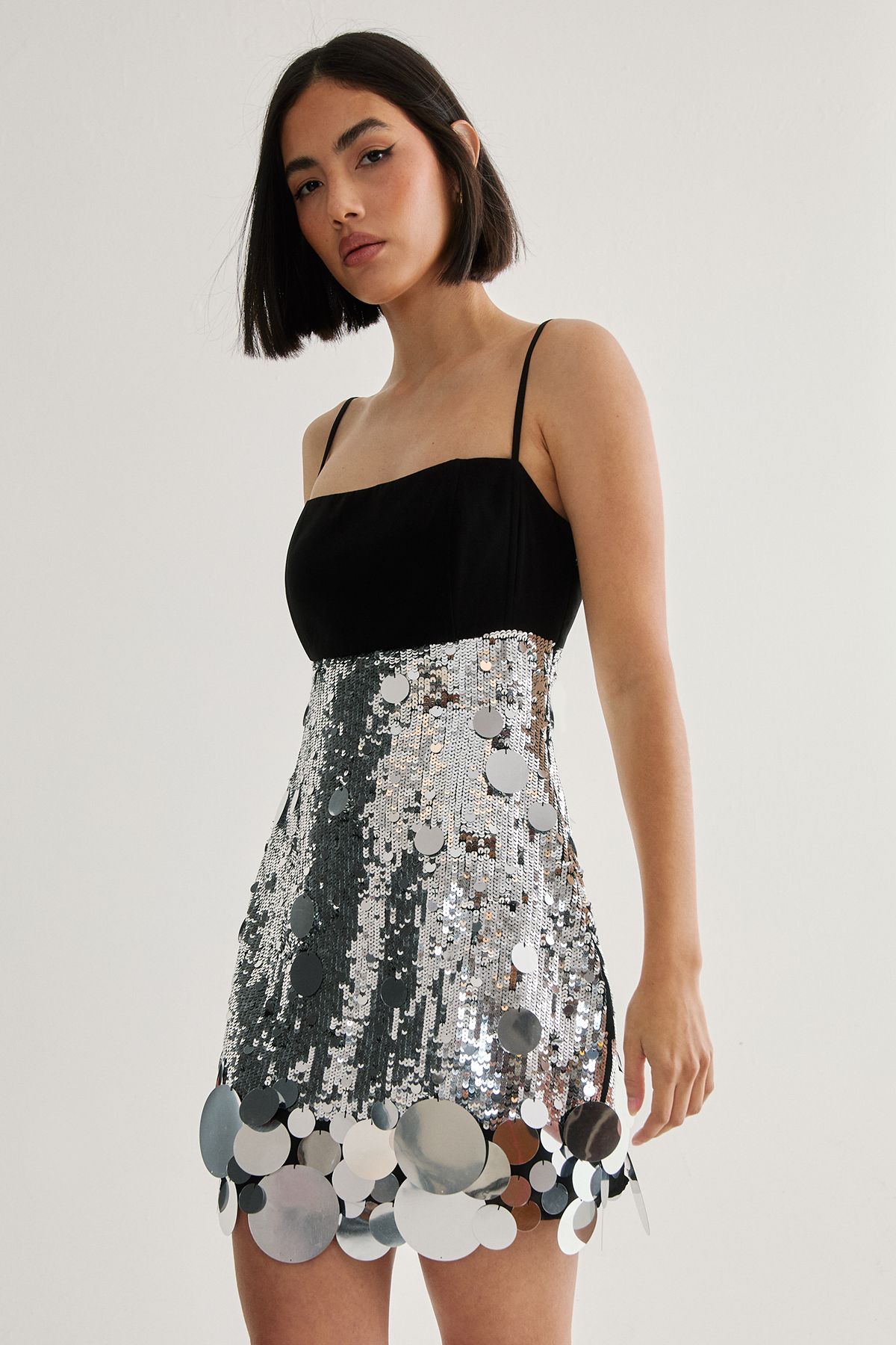 NastyGal Hand Embellished Sequin Disc Hem Mini Dress Silver image 2