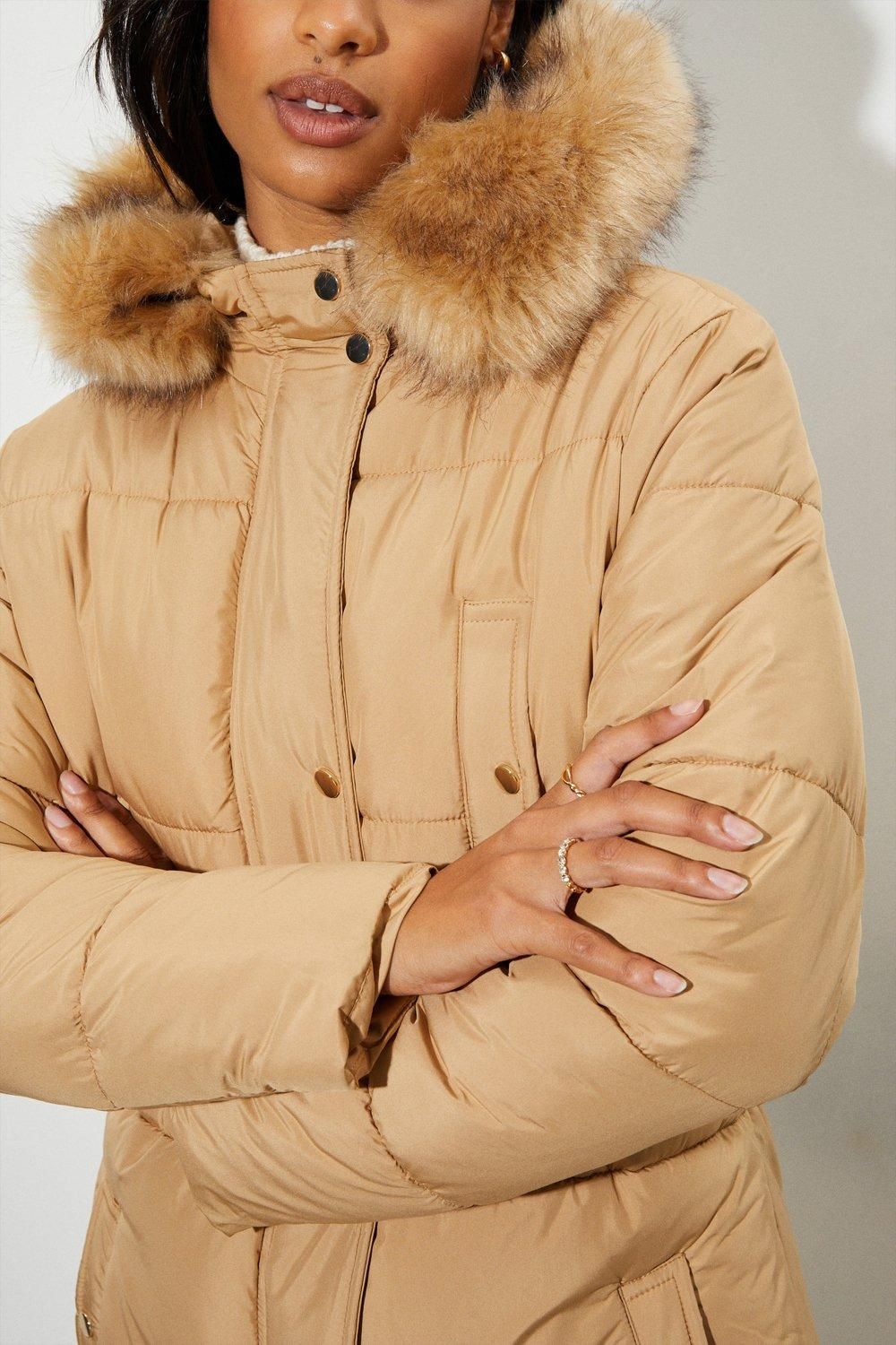 Dorothy Perkins Maxi Faux Fur Hood Padded Coat Camel image 4