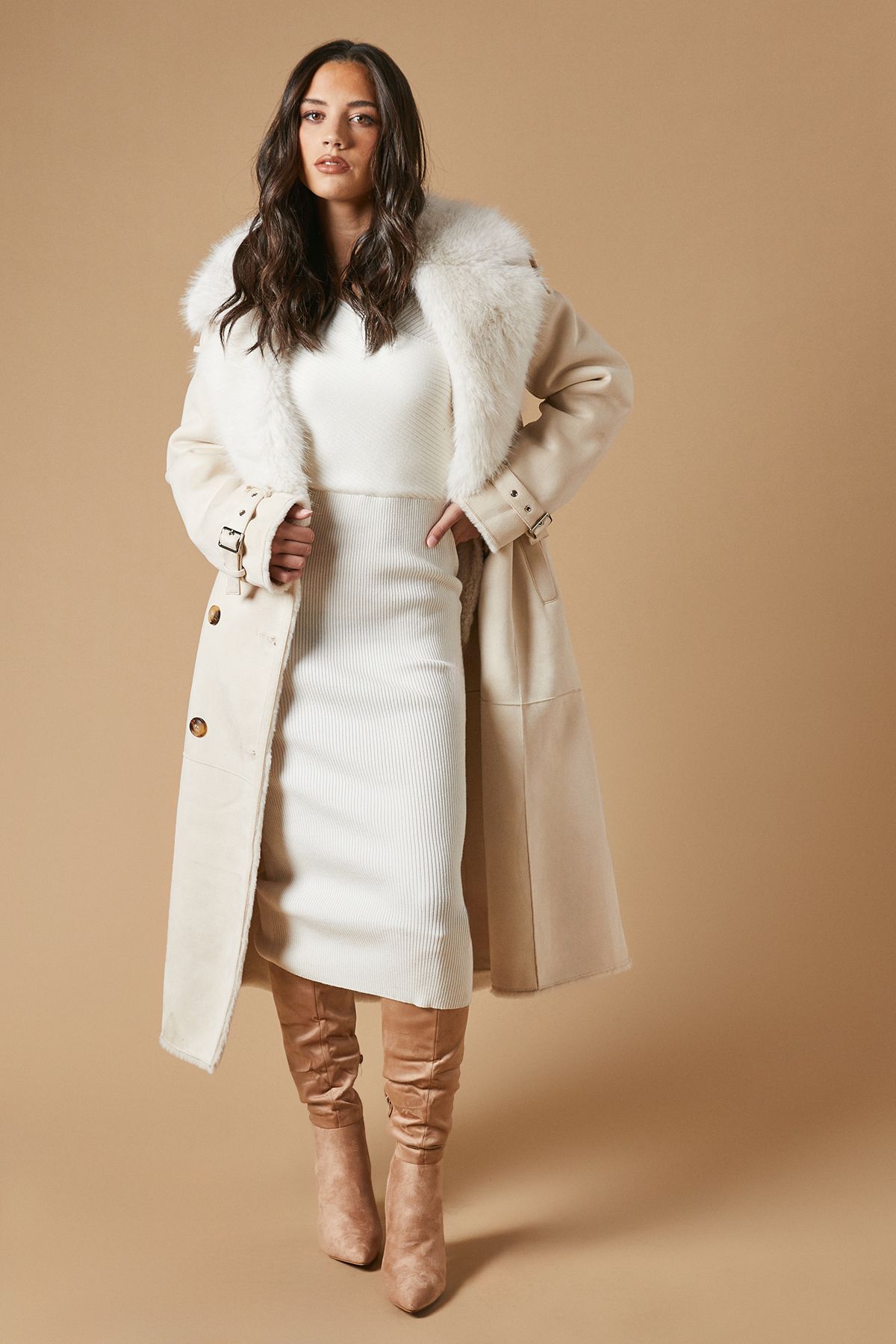 Oasis Kenia Faux Suede High Block Heel Pointed Knee Boot Taupe image 2