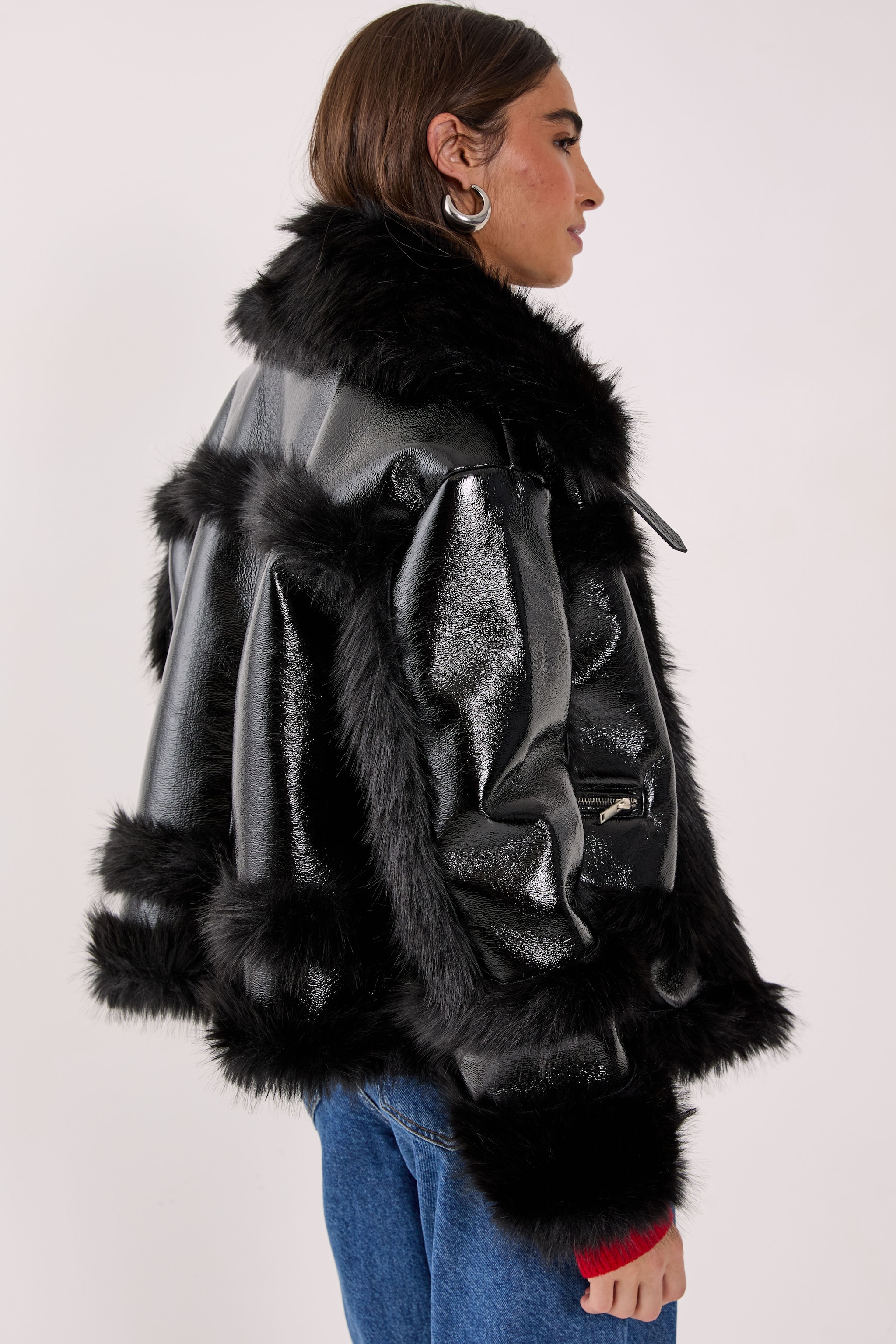 NastyGal Premium Vinyl Plush Fur Buckle Aviator Black image 3