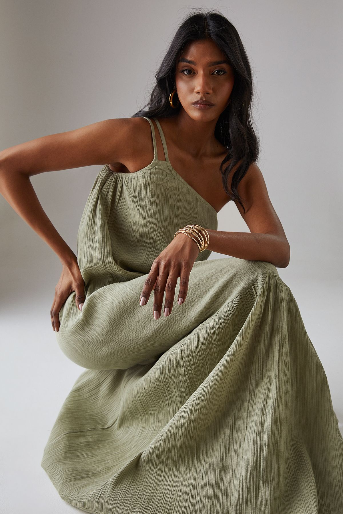 Warehouse Cheesecloth Double Strap One Shoulder Maxi Sundress Khaki image 4