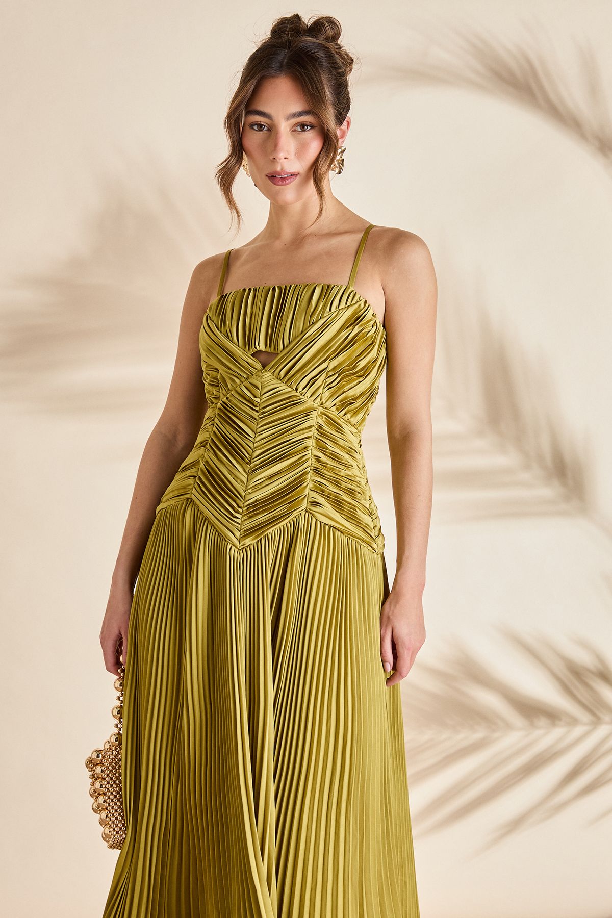 Coast Pleated Peplum Strappy Satin Dress Olive image 2