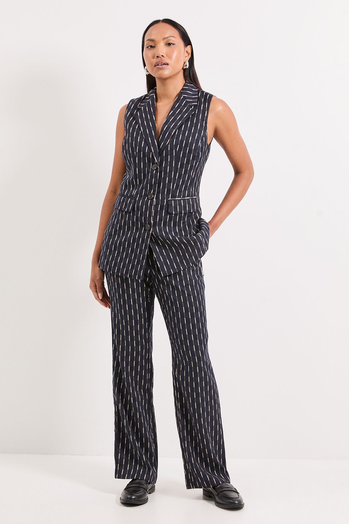 Principles Navy Check Detail Collared Button Front Waistcoat Navy image 4