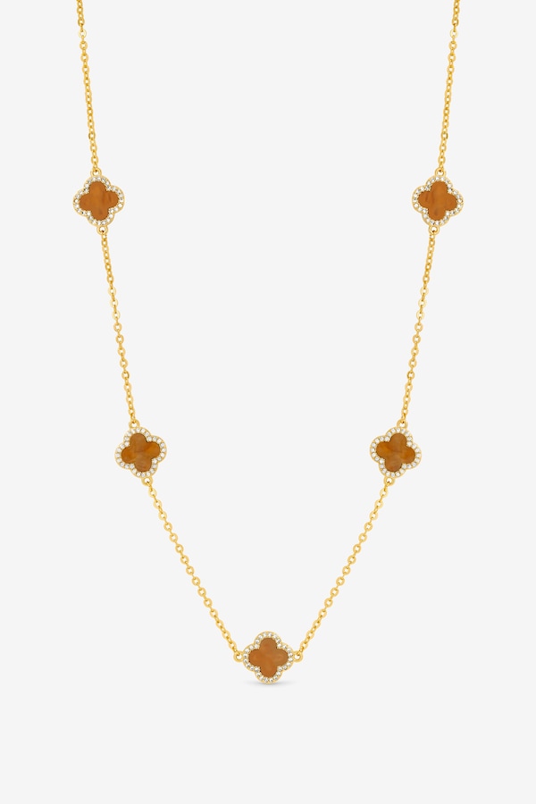 Jon Richard Gold Plated Tigers Eye Station Clover Necklace