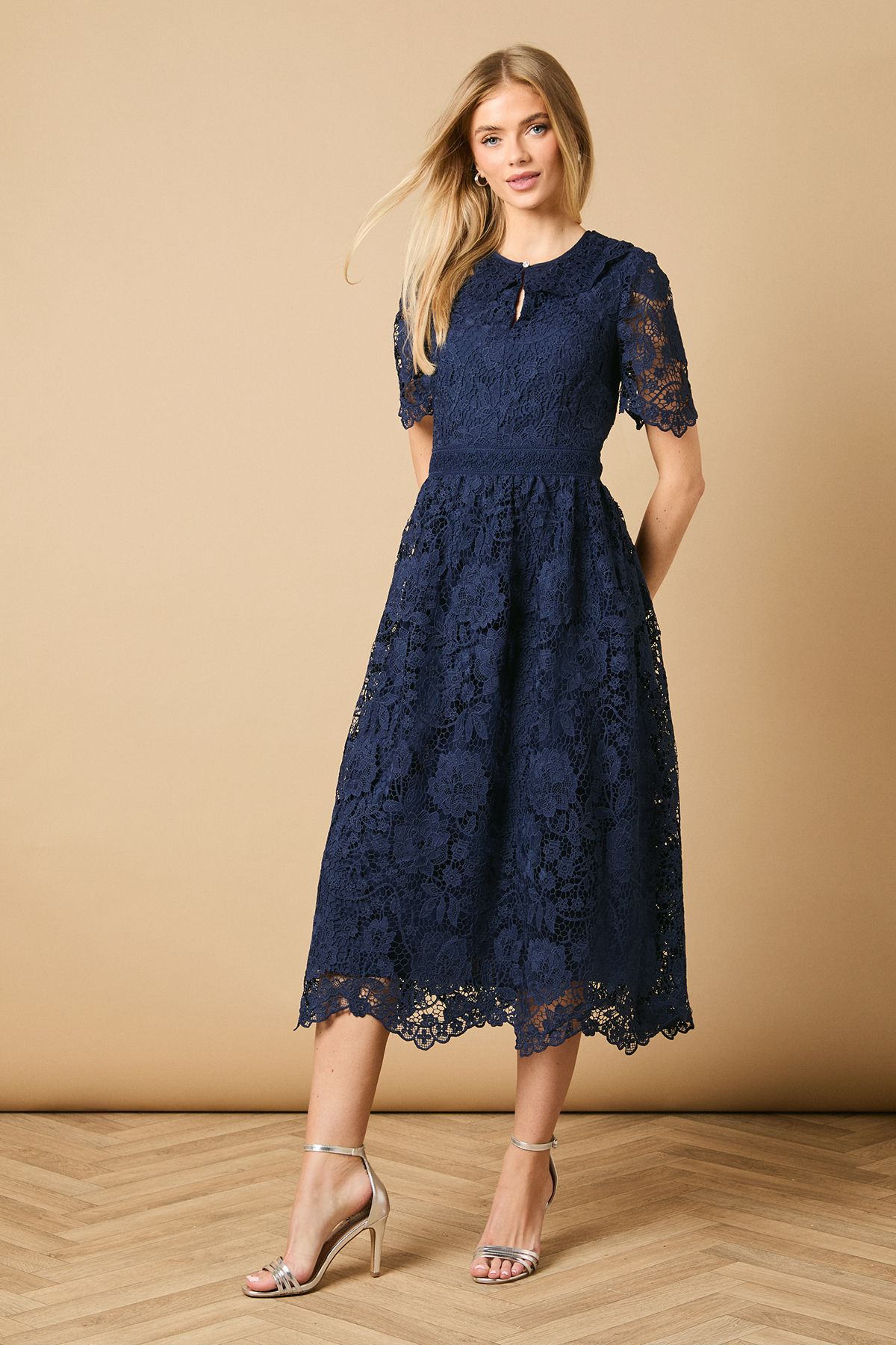 Oasis Occasion Lace Collared Midi Dress Navy image 1