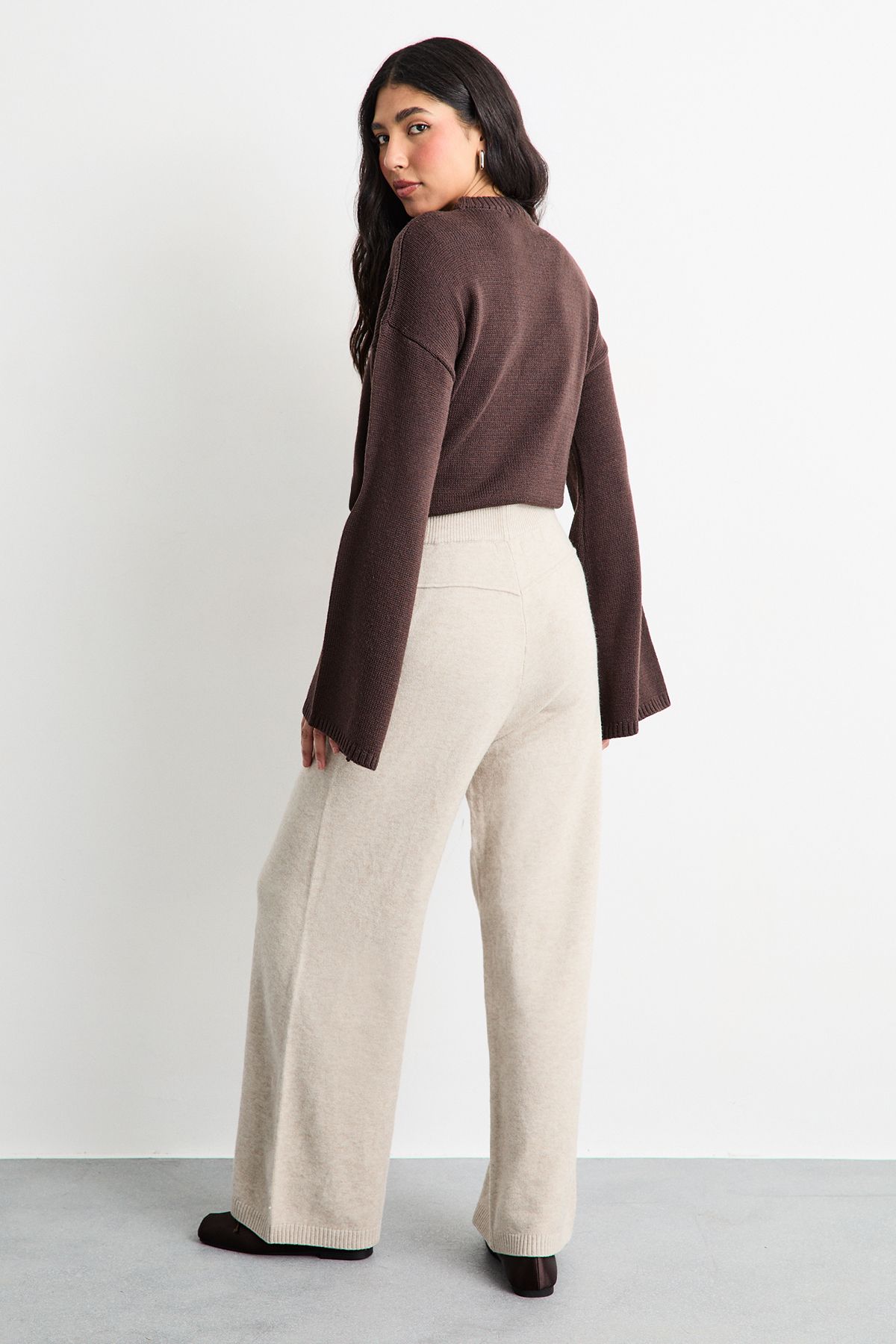 Warehouse Wide Leg Knitted Trouser Co Ord Sand image 3