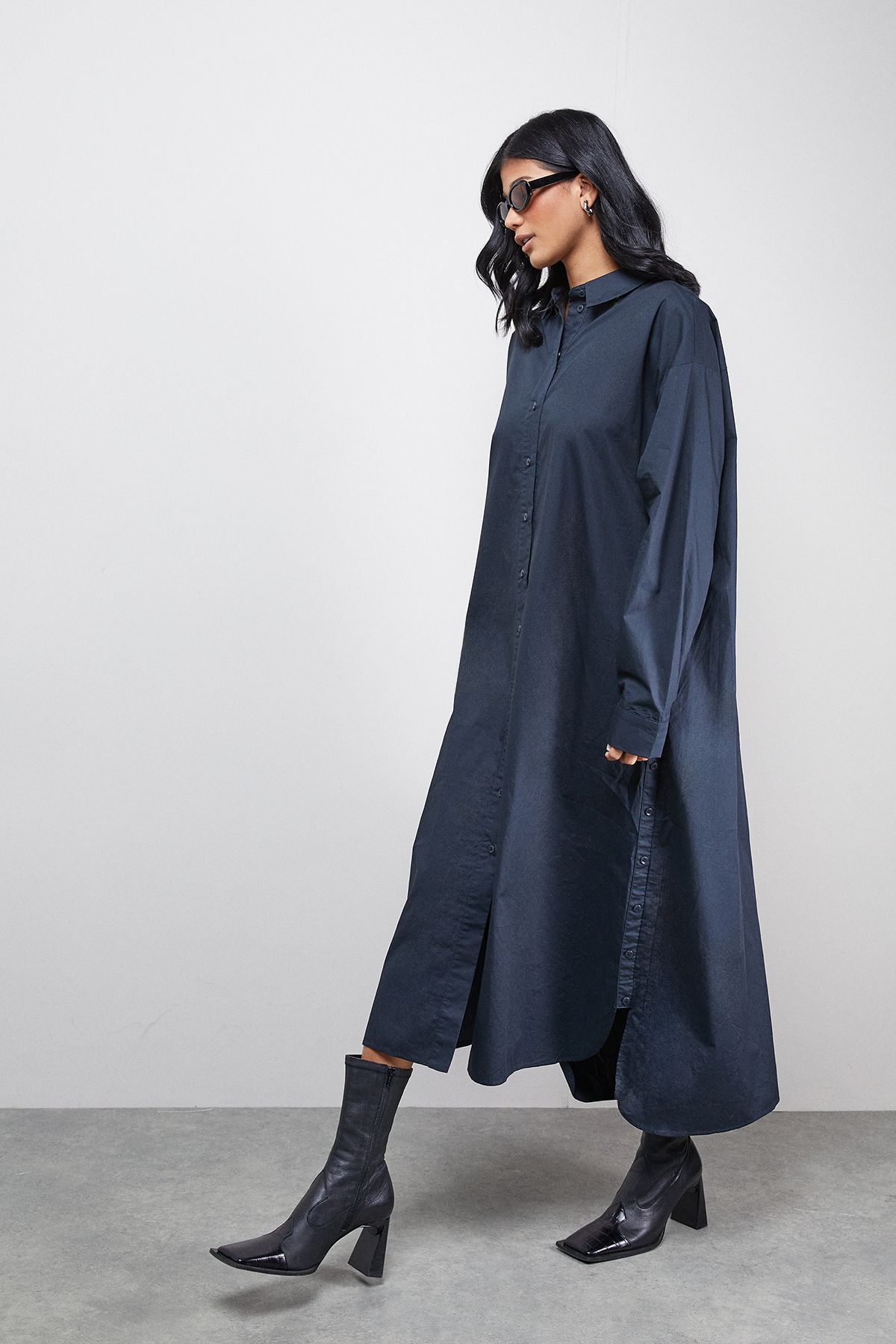 Warehouse Cotton Button Side Placket Oversized Midi Shirt Dress Navy image 2