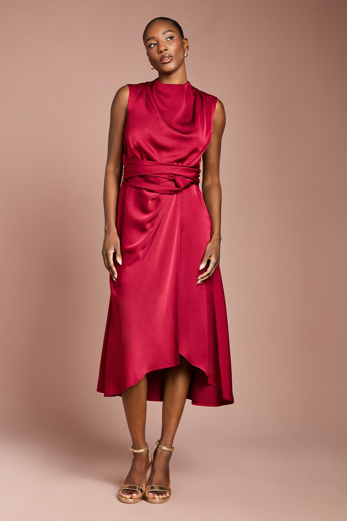 Coast Satin Midi Dress With Twist Waist Raspberry