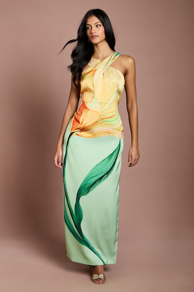 Coast Petite Large Scale Floral Placement Print Halterneck Pencil Dress Sage