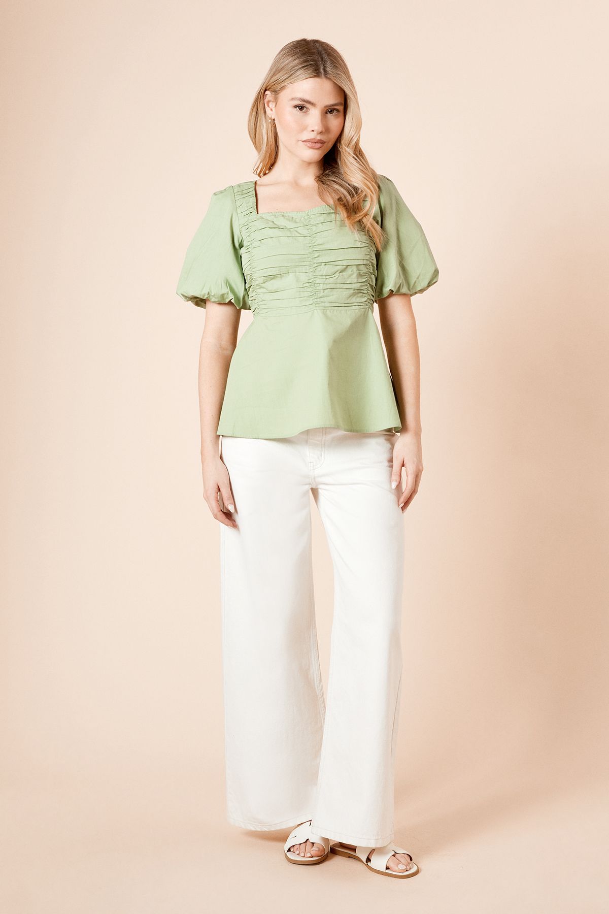 Dorothy Perkins Poplin Puff Sleeve Ruched Bodice Blouse Sage image 2