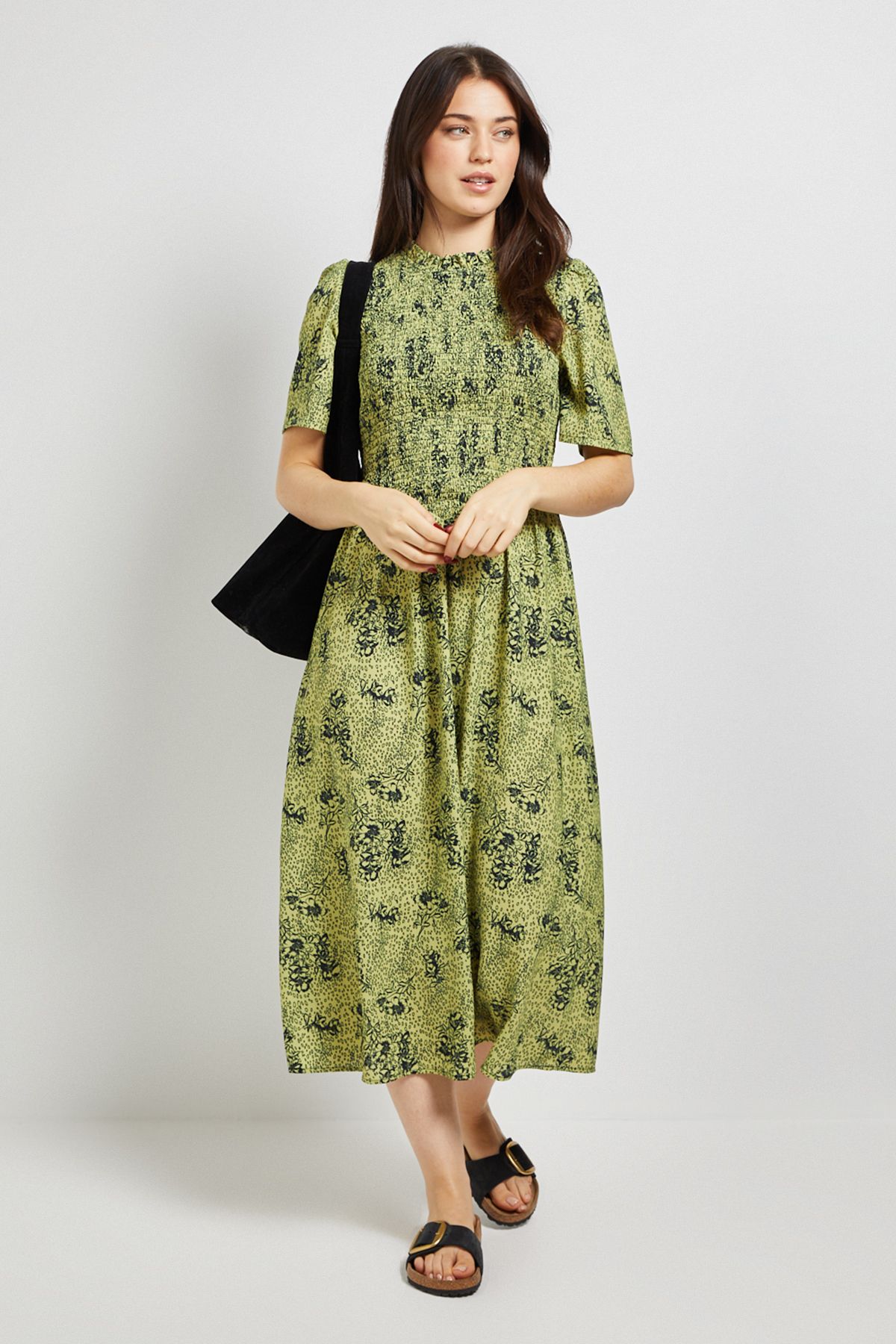Dorothy Perkins Green Floral Shirred Bodice Drop Waist Midi Dress Green