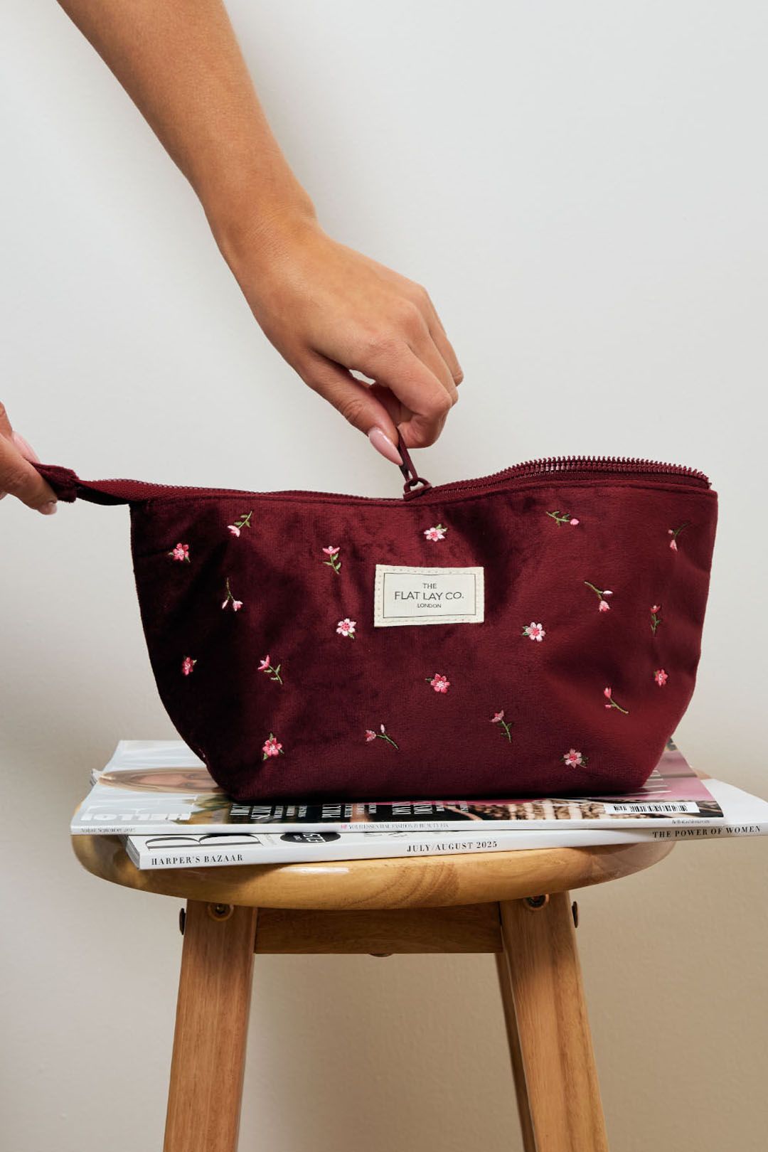 The Flat Lay Co Essential Makeup Pouch - Ditsy Roses & Flowers Burgundy Embroidered Velvet Multi image 6