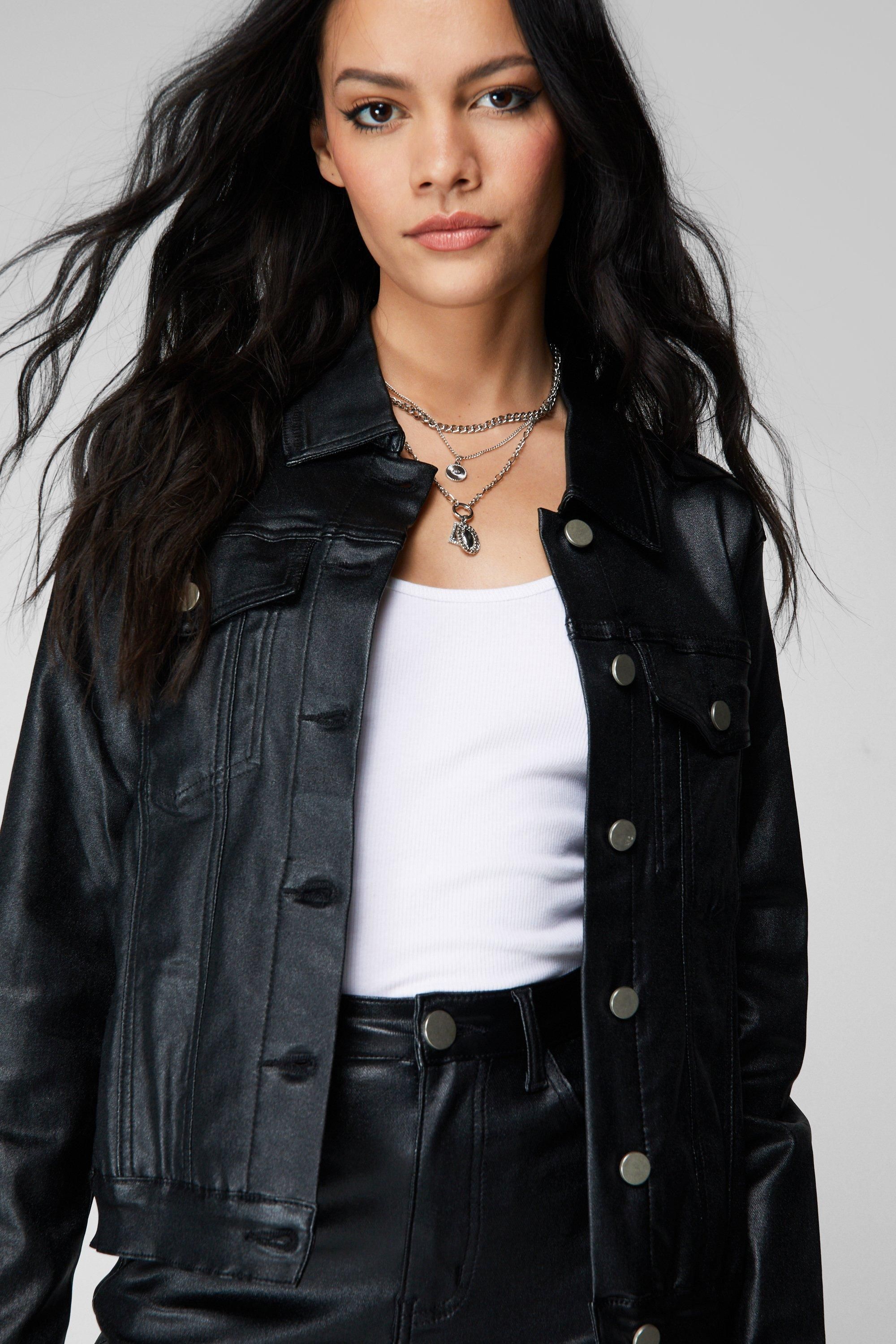 NastyGal Metallic Coated Denim Jacket Black