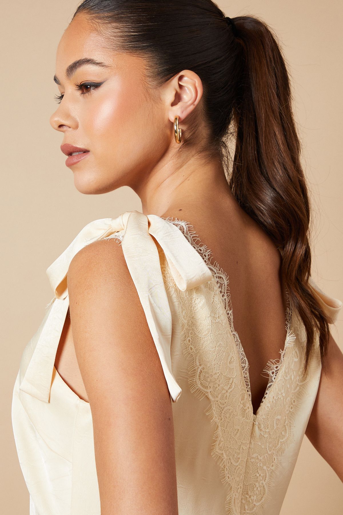 Oasis Satin Lace Tie Shoulder Maxi Dress Butter image 2