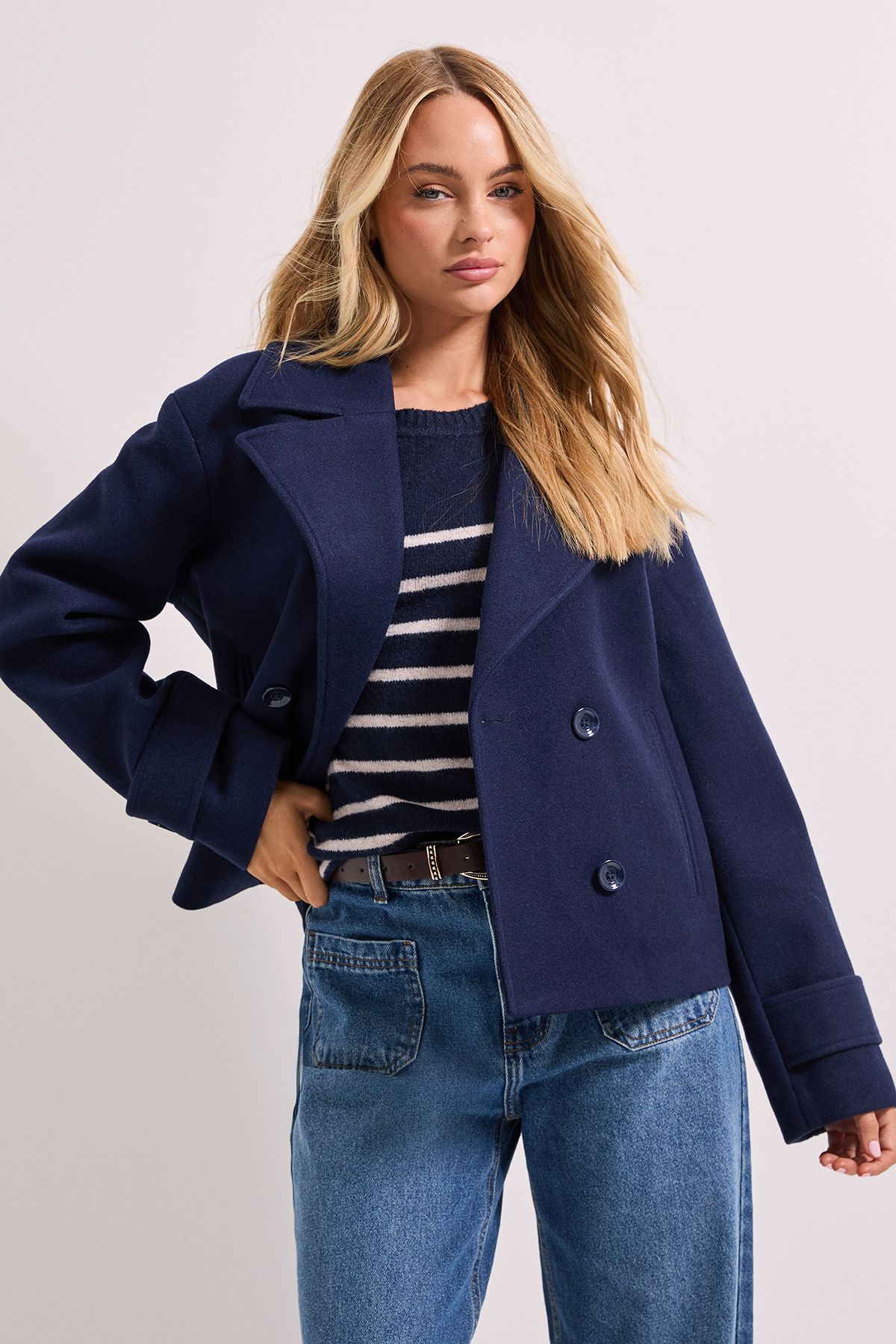 Dorothy Perkins Cuff Detail Wide Collared Short Coat Navy image 4