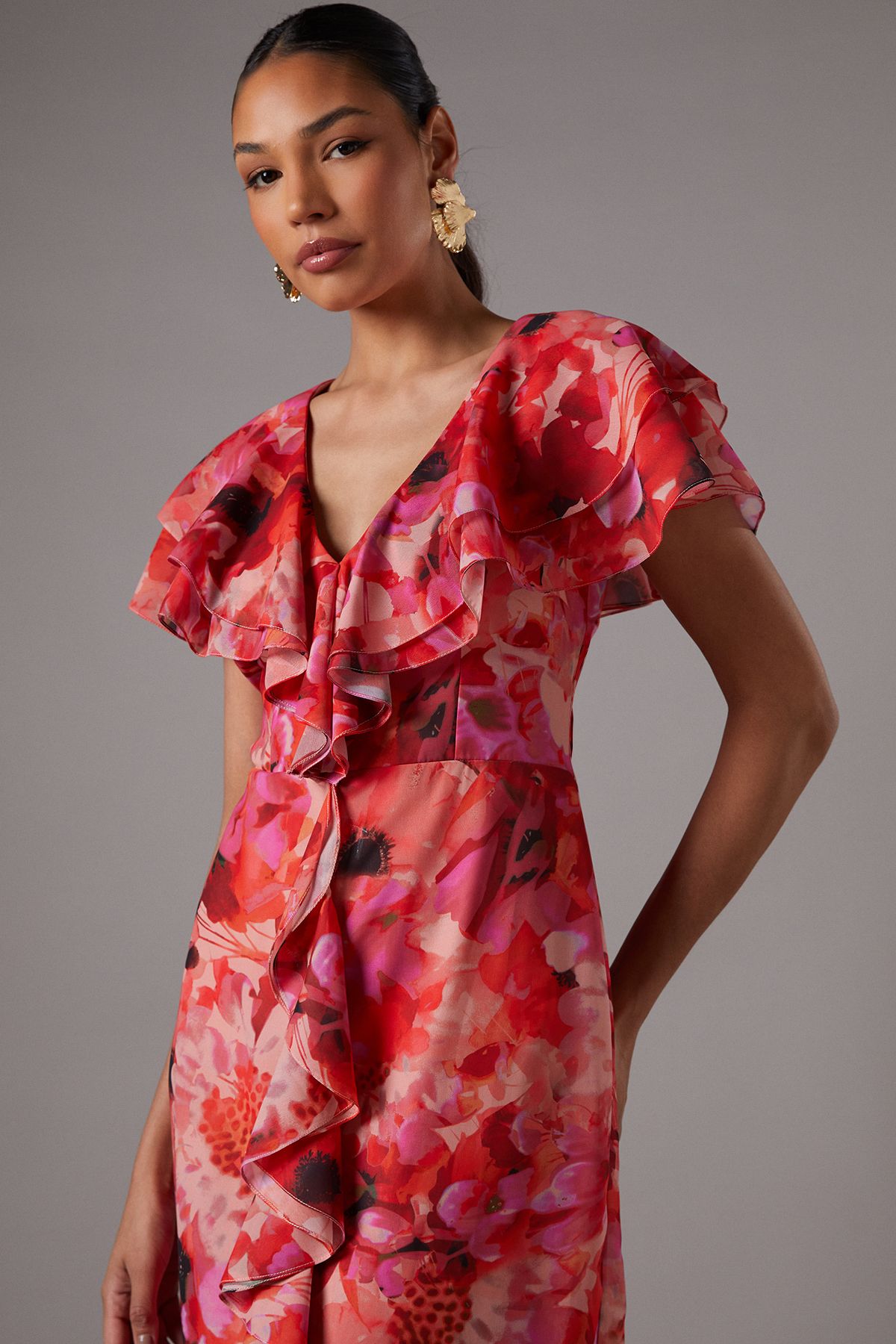 Coast Short Sleeve Chiffon Maxi Dress With Frills Multi image 4