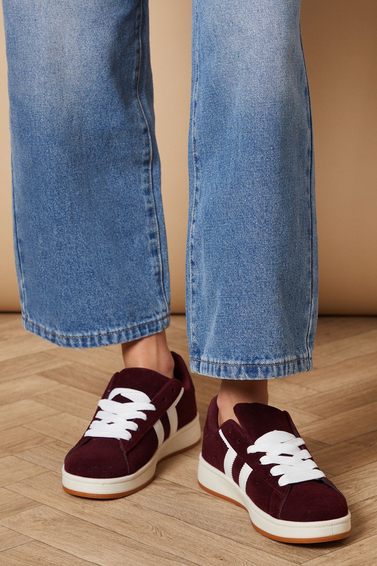 Oasis Leocadia Faux Suede Lace Up Trainers Dark Red image 4