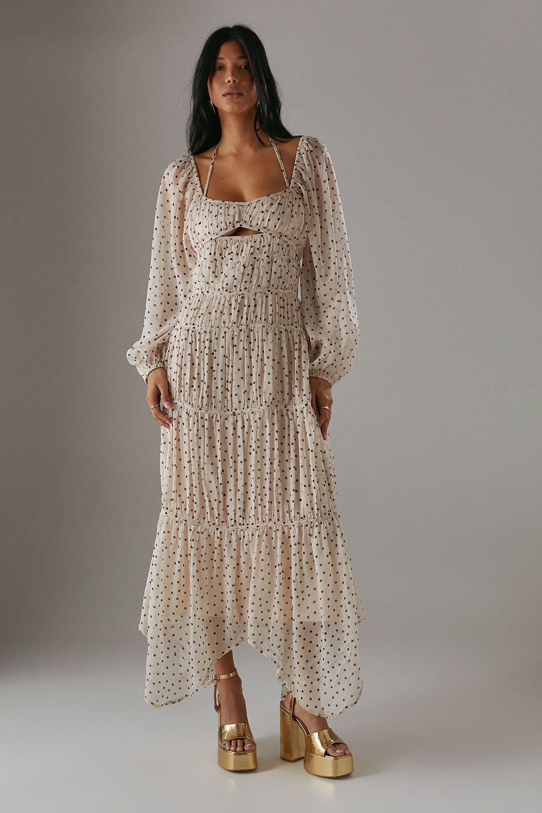 Warehouse Chiffon Gathered Seam Halter Tie Hanky Hem Midi Dress Mono