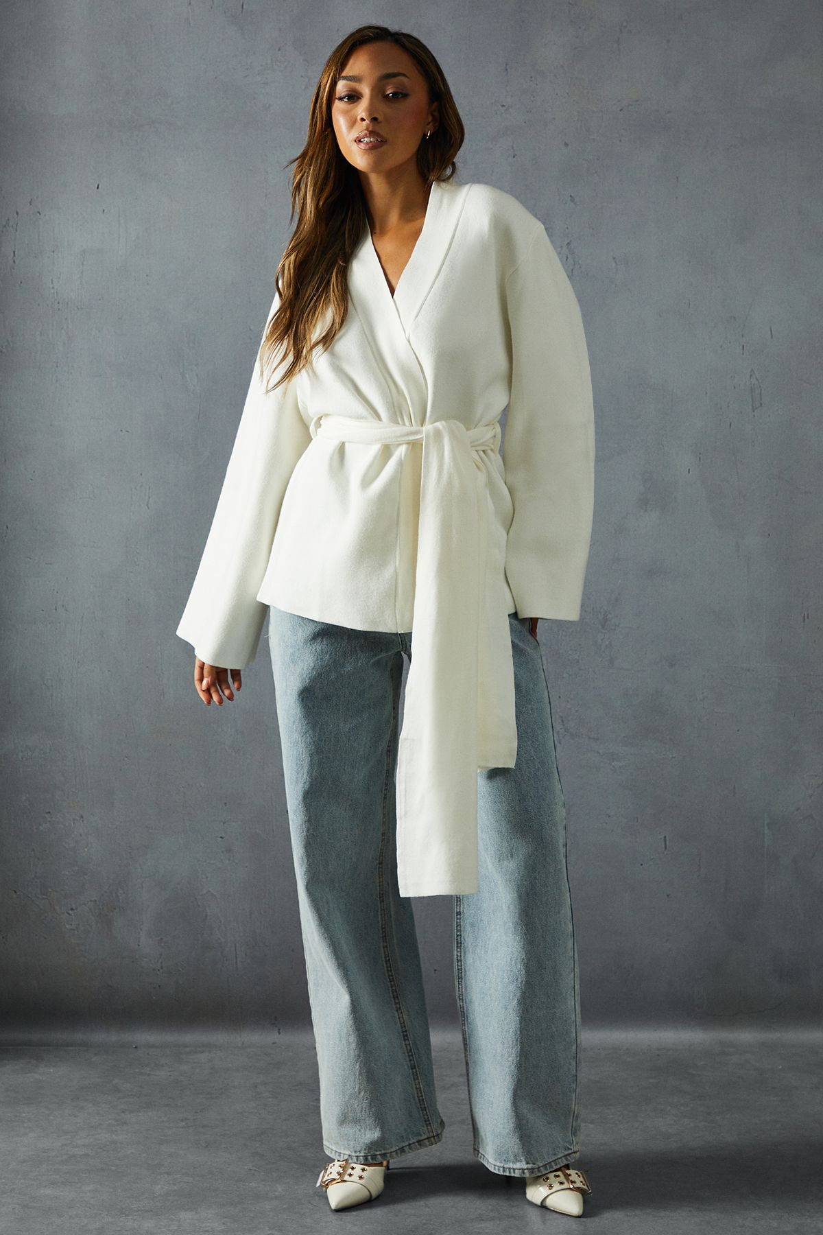 MissPap Heavyweight Knitted Belted Wrap Kimono Cardigan Ivory image 4