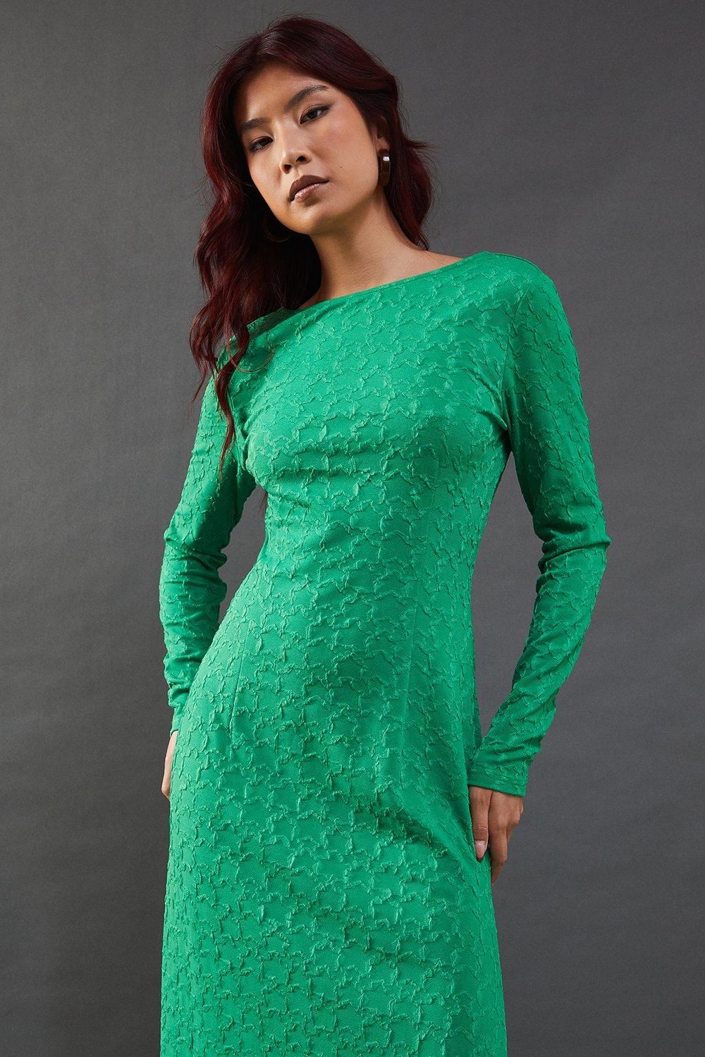 Warehouse Jersey Jacquard Slash Neck Scoop Back Midi Dress Olive image 5