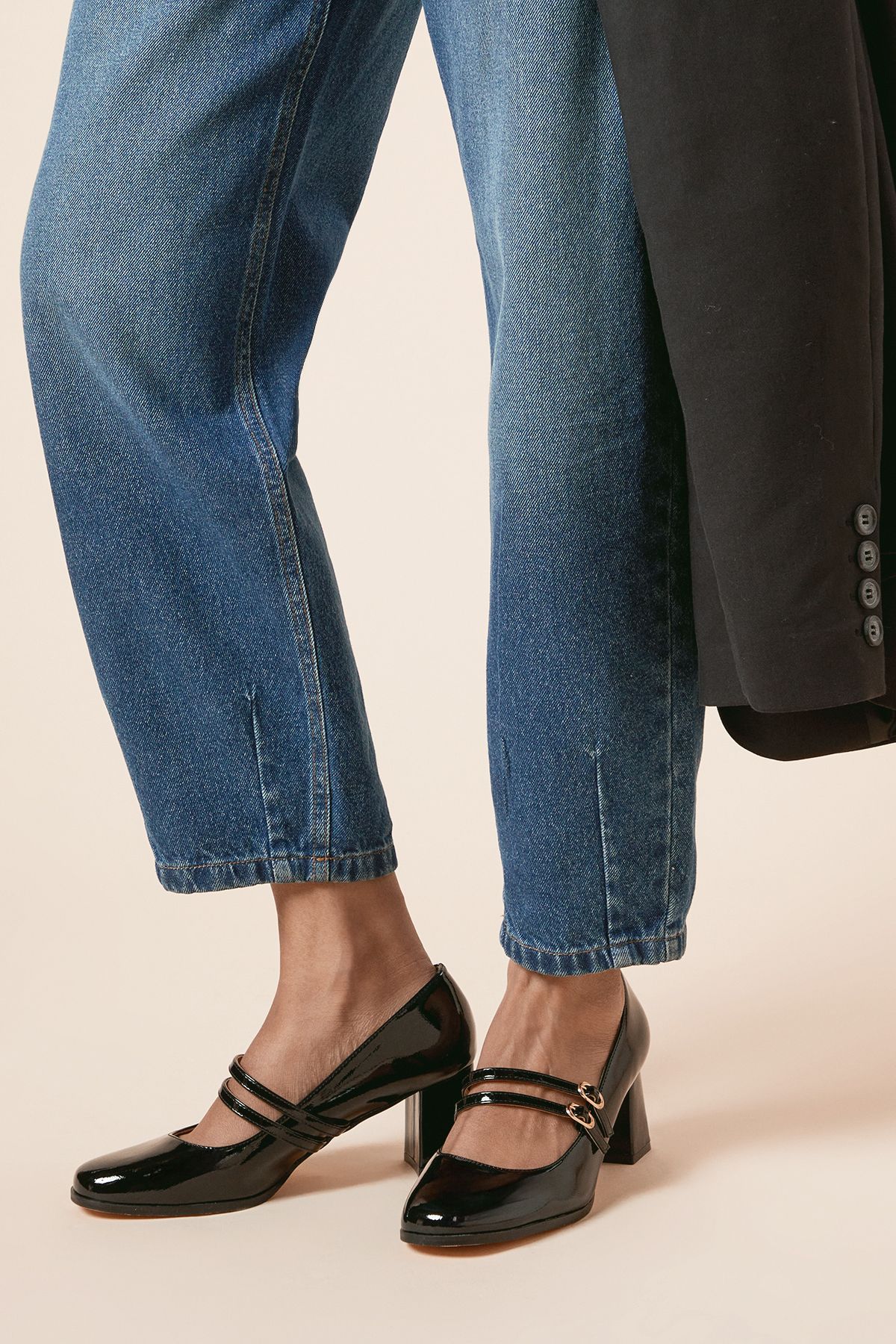 Oasis Catalina Patent Double Mary Jane High Block Heeled Shoes True Black image 1