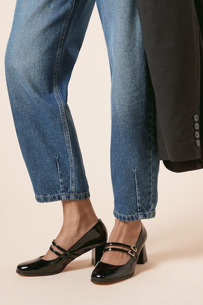 Oasis Catalina Patent Double Mary Jane High Block Heeled Shoes True Black