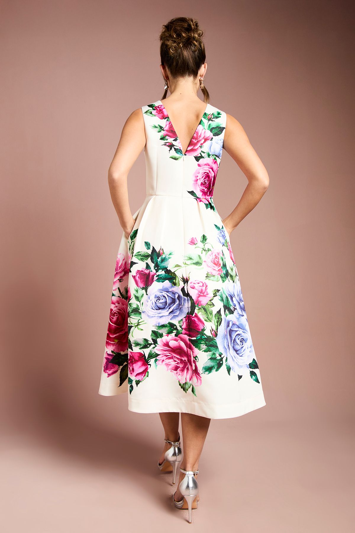 Coast Pocket Structured Satin Placement Print Midi Dress Ivory image 3